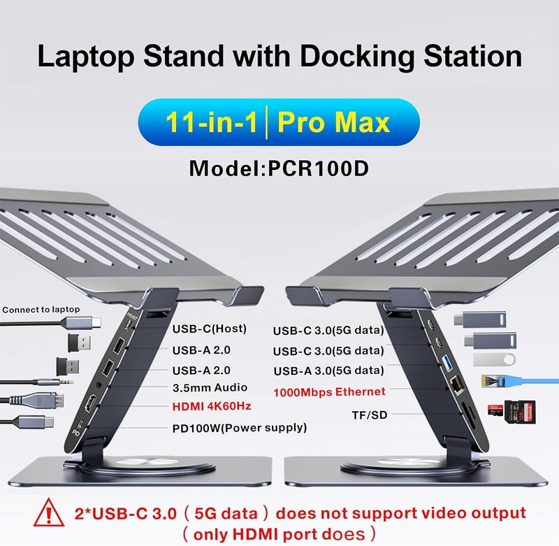 HC Laptop Docking Station for MacBook Pro/Air/Dell/HP/Surface 11-in-1 USB C Hub 360°Rotatable Laptop Stand with USB Hub 4K HDMI USB 3.0 PD100W 3.5mm Audio Jack RJ 45 TF/SD Reader Universal Laptop Dock - Image 2